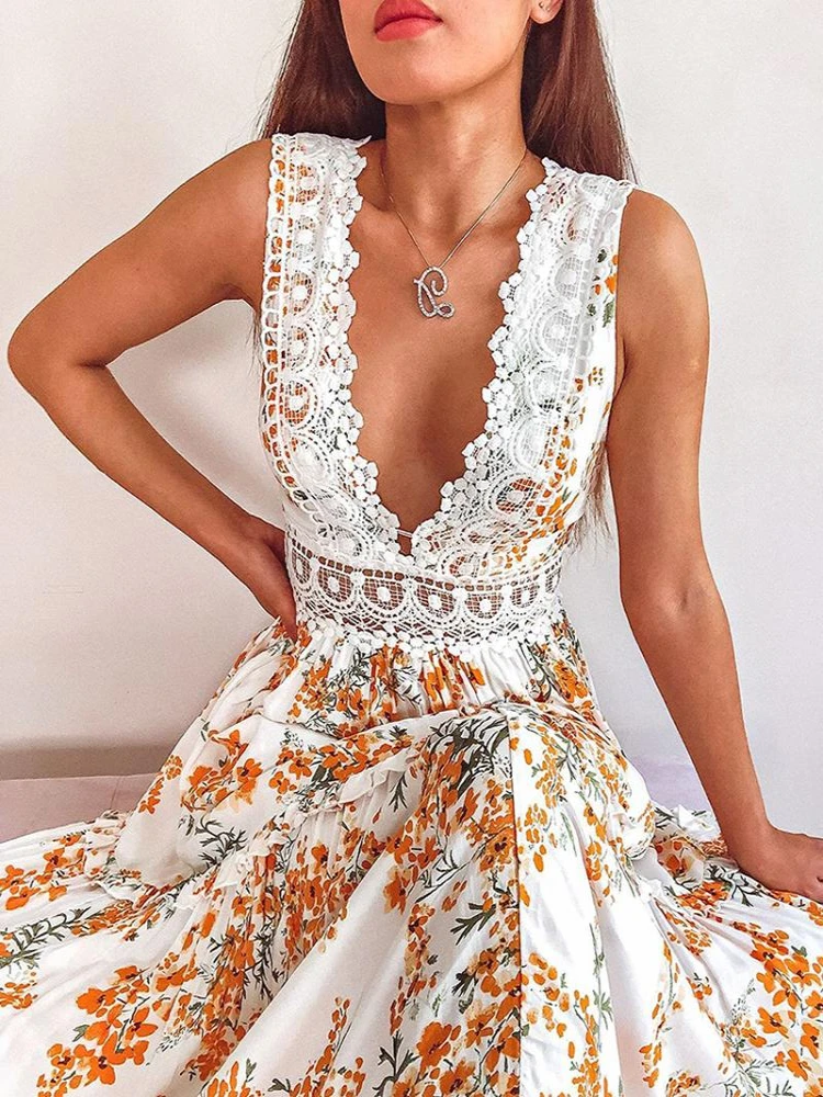 Женское летнее платье пляжные платья сексуальное кружевное макси с глубоким