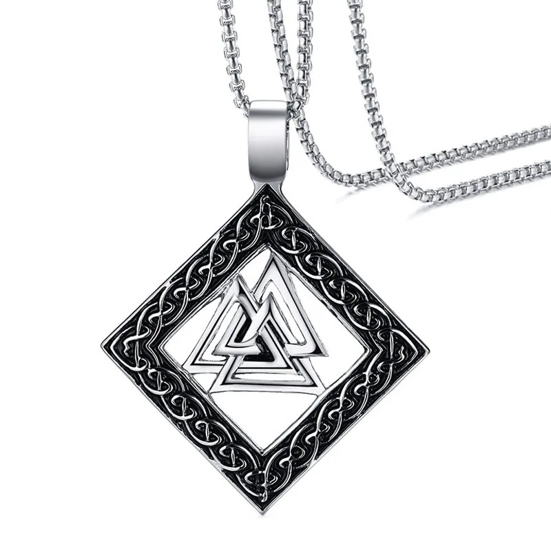 

Classic Retro Viking Rune Necklace Round Rhombus Pendant for Men Stainless Steel Scandinavian Nordic Triple Knot Amulet Jewelry