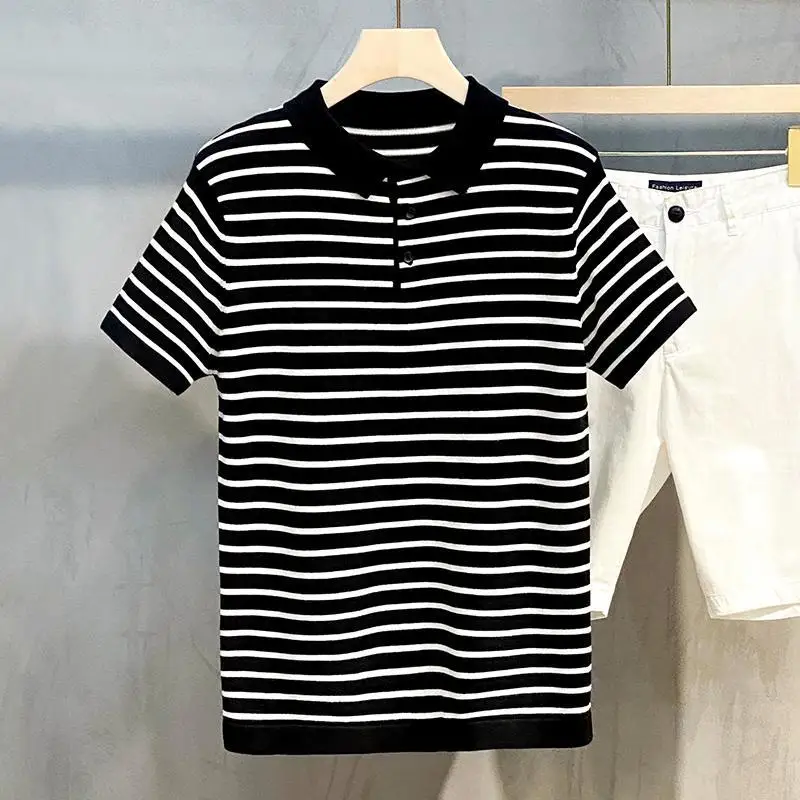 

Bingsi new summer Lapel short sleeve t-shirt men's T-shirt summer stripe versatile casual Stripe Polo Shirt
