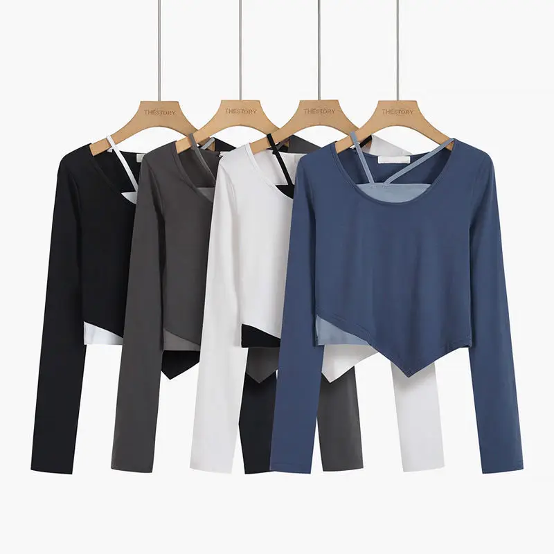 

Y2K Slim Long Sleeve Blue Black White Sling Women Top T Shirts Casual Fashion Korean Streetwear Aesthetic Tshirts Clothing