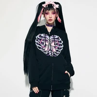 vintage kawaii bow skeleton graphic zip y2k hoodies grunge aesthetic oversized hoodie with pocket long sleeve women sweetshirts