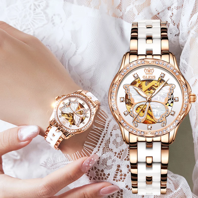 Valentine's Day gifts OLEVS Automatic Watch for Women butterfly dial luxury Mechanical Stainless steel ceramic Ladies watch 6622