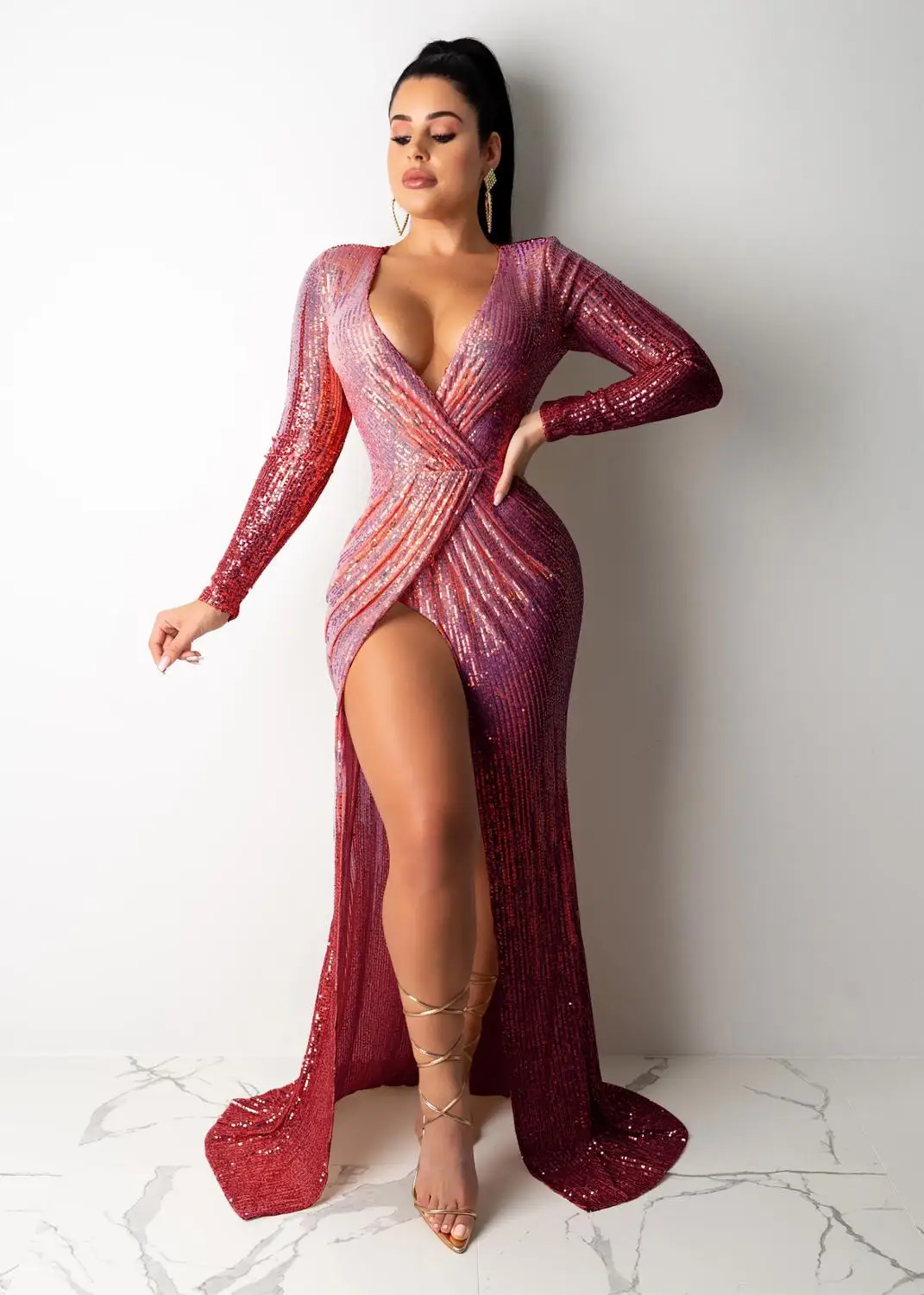 burgundy dress Adogirl женские пикантные блестки Макси вечернее платье обертывание V шеи Ruched Длинный рукав высокий разрез халат длинное Клубное платье женское платье Vestido - Цвет: burgundy dress