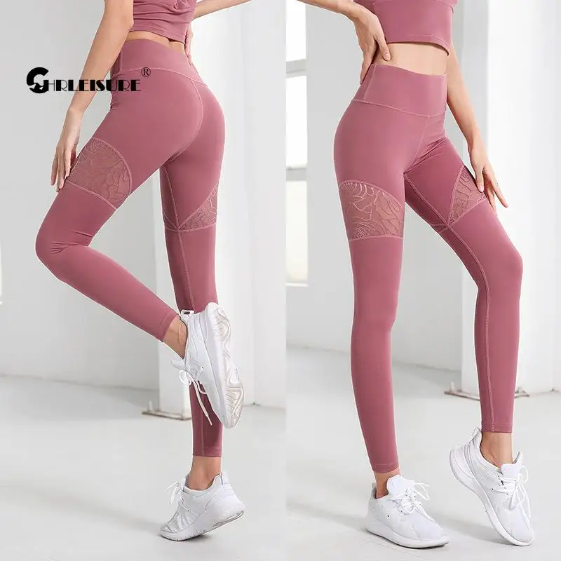 

CHRLEISURE Print Sport Leggings Mesh High Waist Hip Lift Peach Hip Running Yoga Pants Breathable Quick Dry Gym Sportswear