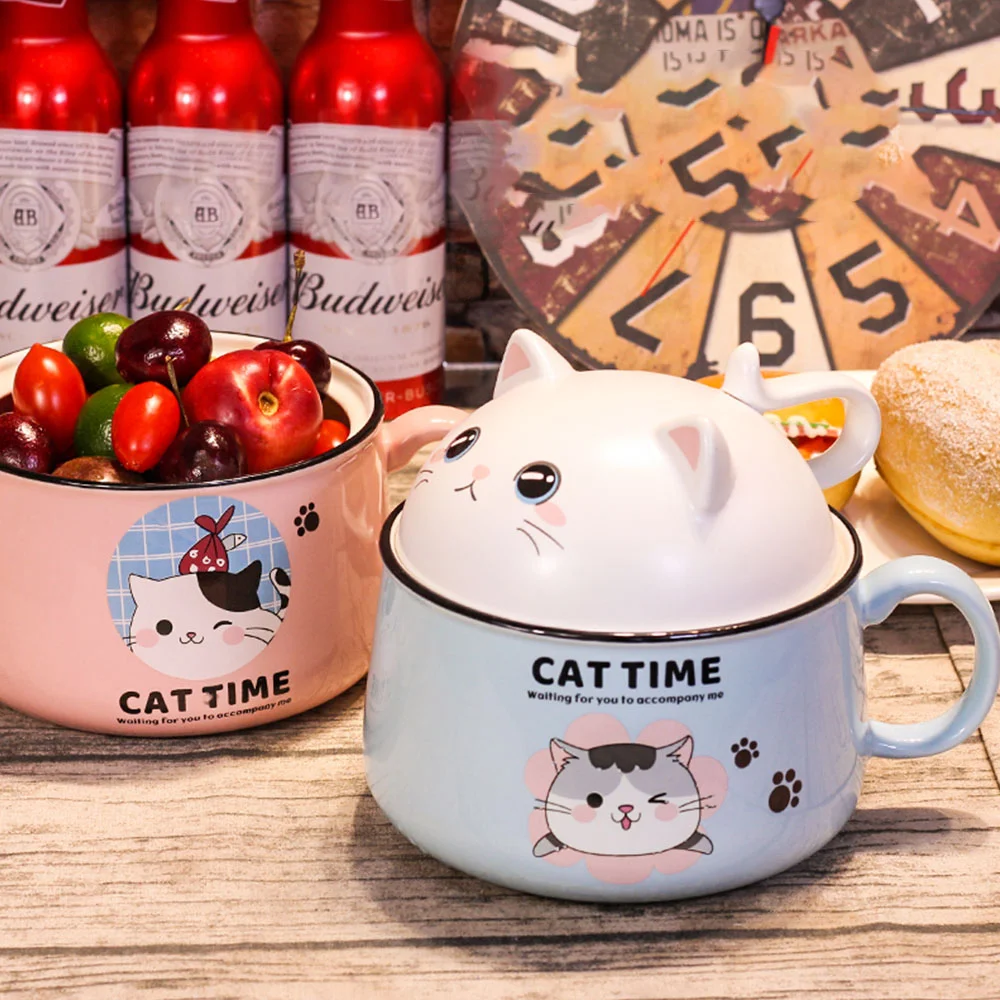 

Creativity High capacity Spoon with Lid Ceramics Instant Noodle Bowl Young Girl Dorm Room Student Office Super Large Bowl