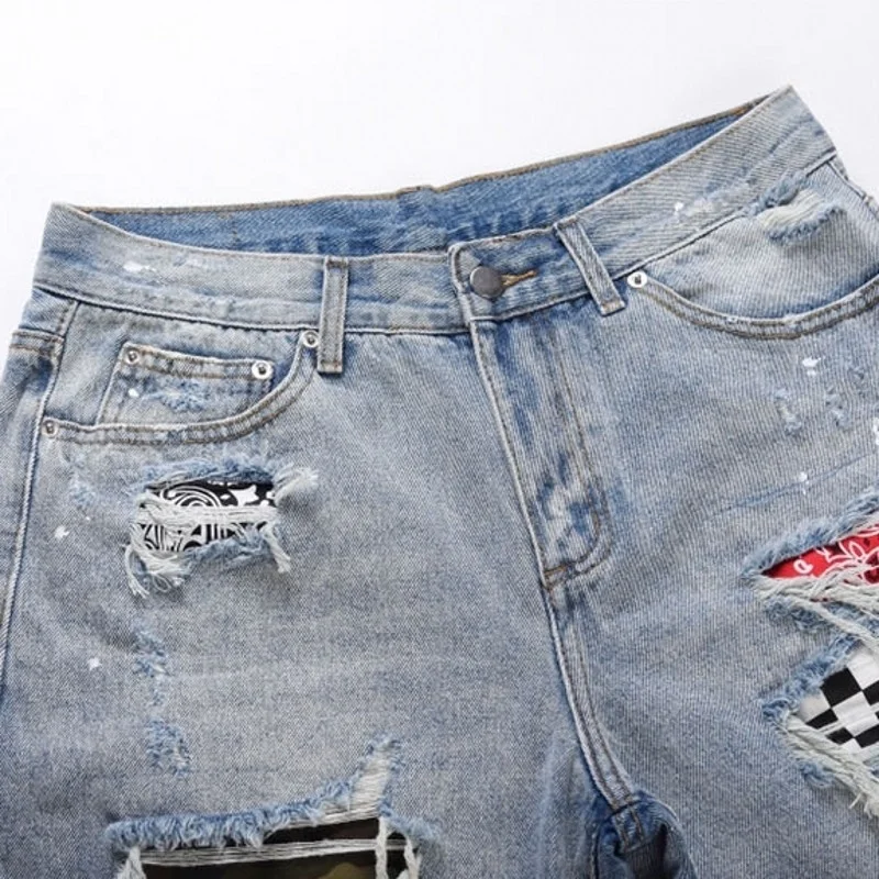 

Men Fashion Denim Shorts Hollow Out Frayed Ripped High Street Short Jeans Hip Hop Loose Straight Half Length Pants 2022 New Male