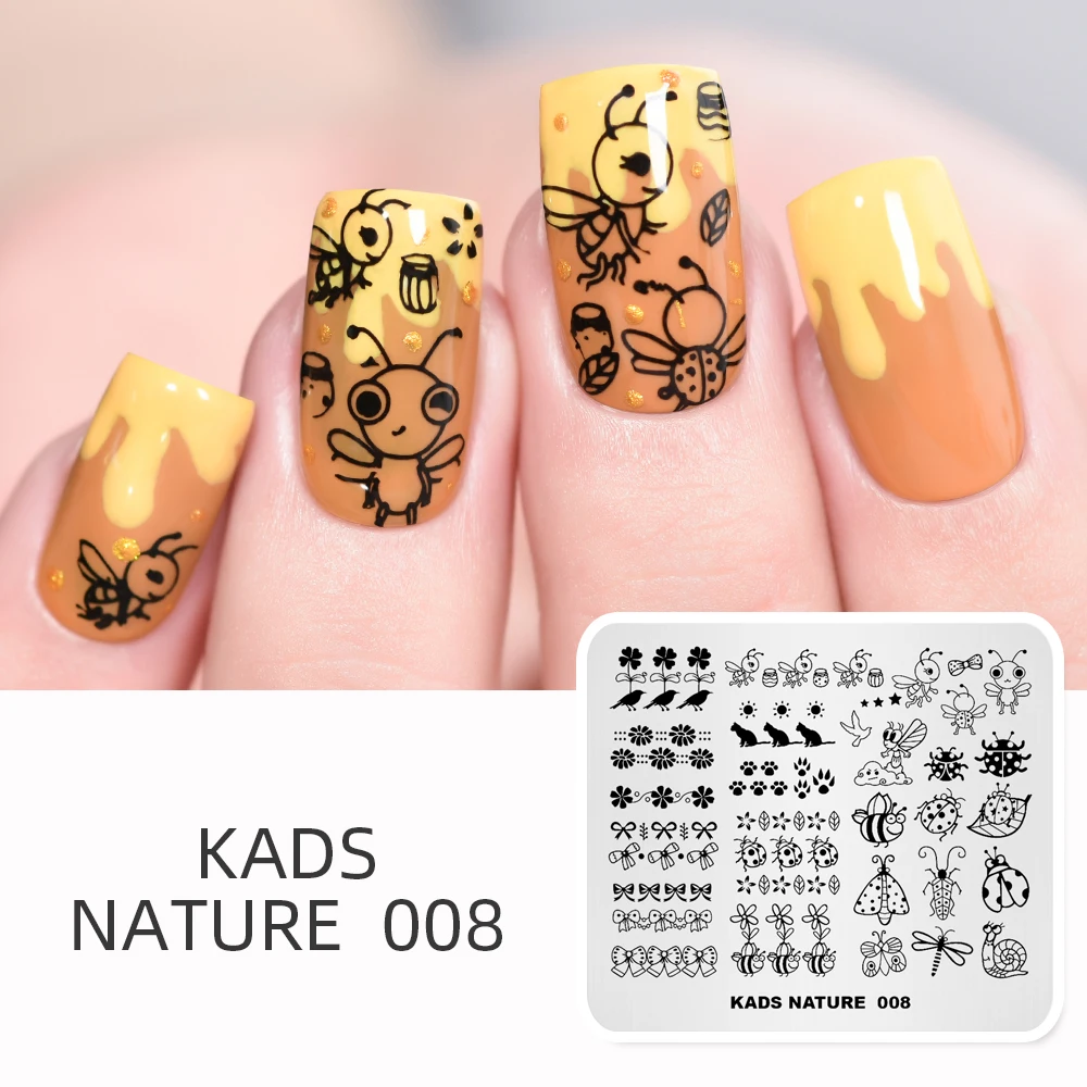 Штамповочные пластины KADS Nature 008 для ногтей с изображением пчелы улитки бант кошек