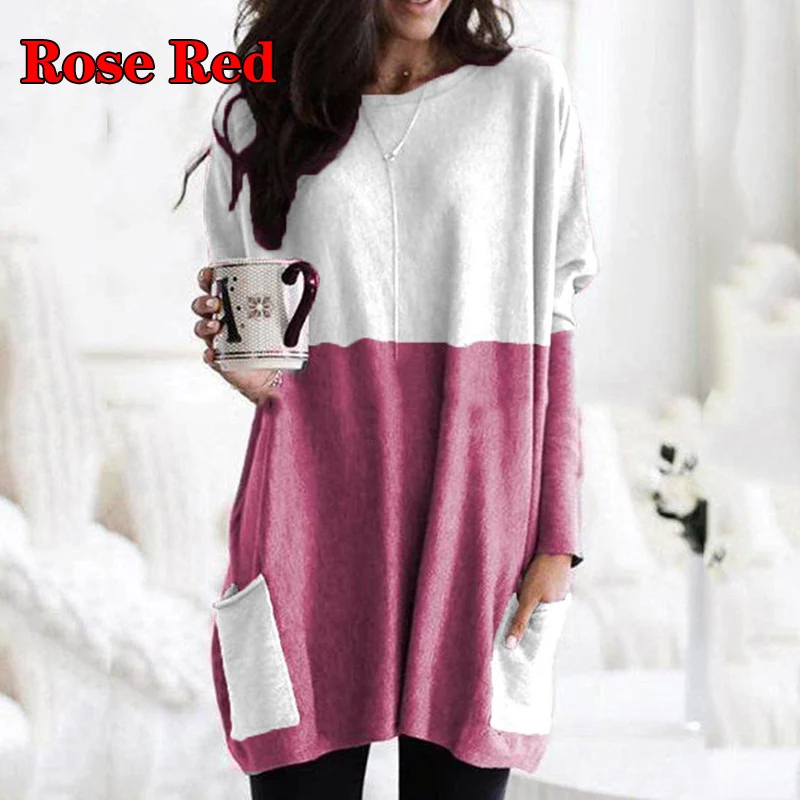 Rose Red Повседневные футболки женские с длинным рукавом Элегантные Осенние женские свободные с карманом одноцветные Длинные футболки Повседневный пуловер размера плюс 5XL больше размера - Цвет: Rose Red