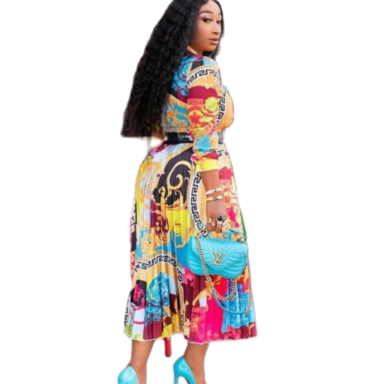 

2021 cross border spring popular print large women's long sleeve belt Pleated Dress pleated long dress slim miniskirt