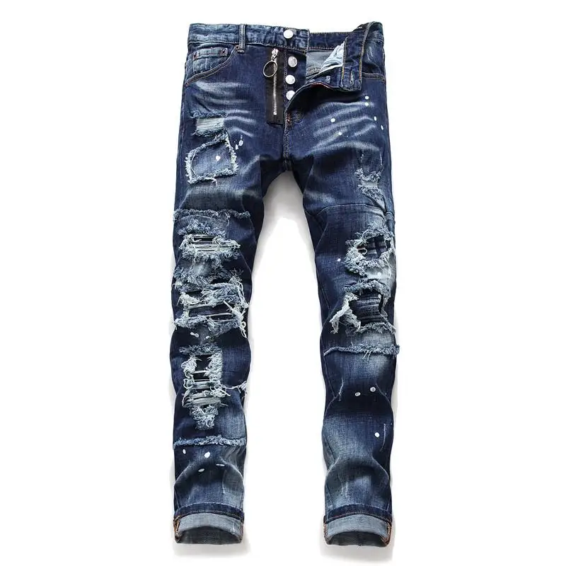

Men's Vintage Embroidered Stretch Jeans Slim Fit Denim Pants Biker Trousers