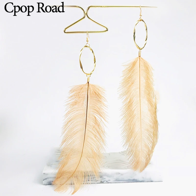 Cpop модные длинные серьги с натуральными перьями розовые Черные Серые перья
