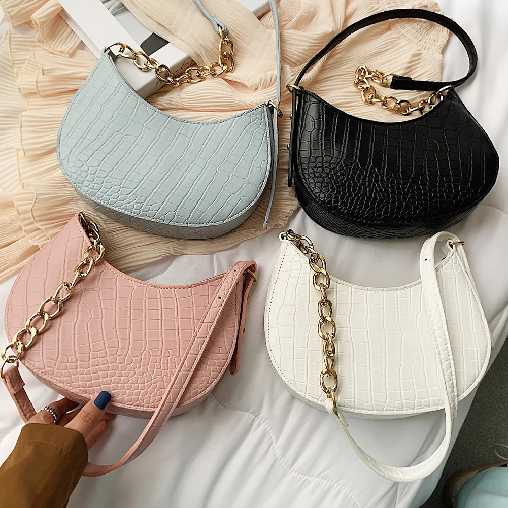 

Fashion Women PU Leather Alligator Pattern Shoulder Bags Casual All-match Underarm Bag Elegant Ladies Hobos Pure Color Handbags