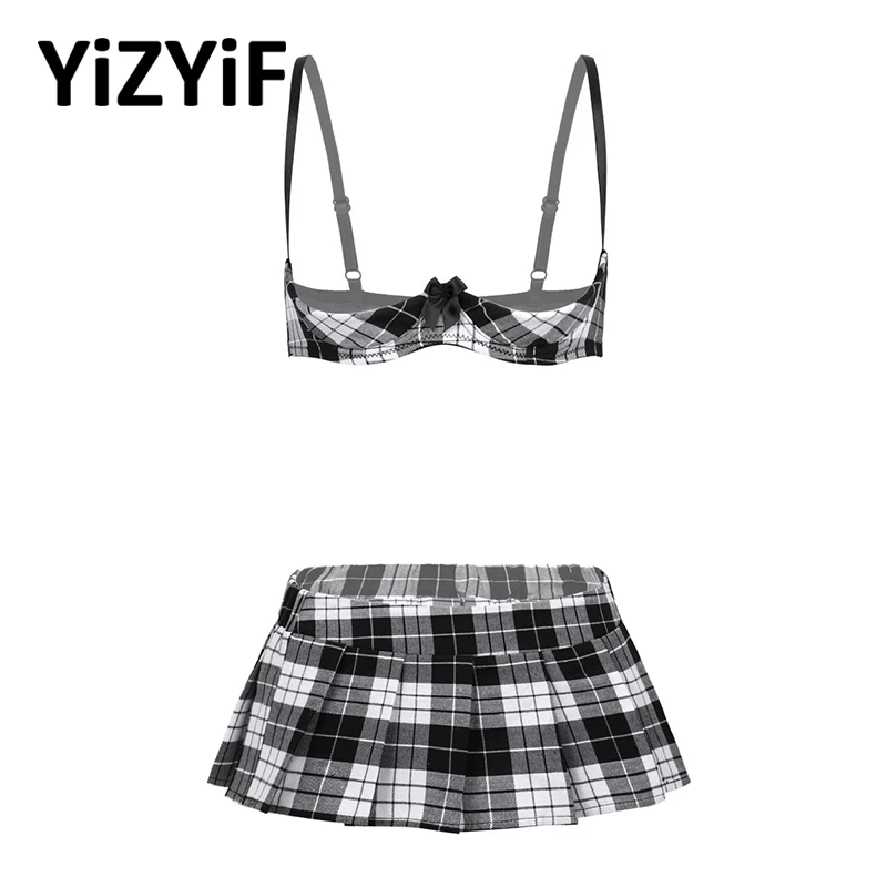 

Женский сексуальный костюм для косплея школьниц, Комплект эротического нижнего белья, сексуальный бюстгальтер с открытой чашкой и плиссир...