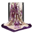 Женская атласная шаль с цветочным принтом, квадратный платок 90 х90 см, шелковый шарф хиджаб