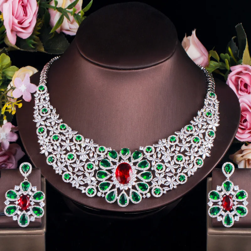ThreeGraces роскошный красный зеленый фианит ожерелье с большим цветком и серьги Свадебные выпускные ювелирные комплекты для невест TZ547