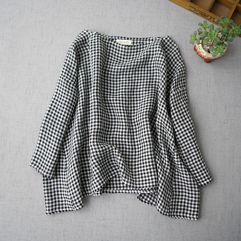 Spring Summer New Women All-match Ultra Loose Plus Size Plaid Comfortable Water Washed Thin Linen Pullover Shirts/Blouse