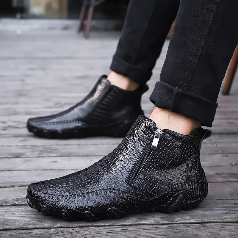 

Men Leather Alligator Texture Slip-On Casual Shoes Male loafer Mens Coffee Men's Loafers Driving Shoes Short For Boots