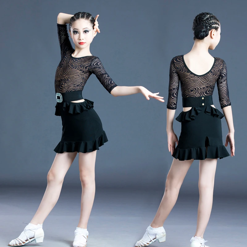 

2020 Latin Dance Dress Children Mesh Middle Sleeve Dress Girl Ballroom For Girls Latin Training Tango Performance Clothes Dress