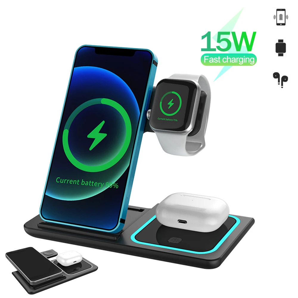 

Беспроводное быстрое зарядное устройство X455, 15 Вт, 3 дюйма, подходит для Iphone12/11/Airpods/Apple Watch/Android, складная Горизонтальная и вертикальная база