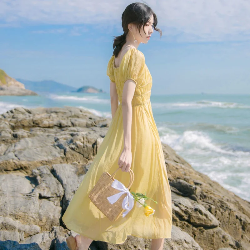 

2021 Women Spring Summer Casual Solid Chiffon Dress Lady Suqare Collar Short Sleeve Pleated Dresses Female Vintage Vestidos K110