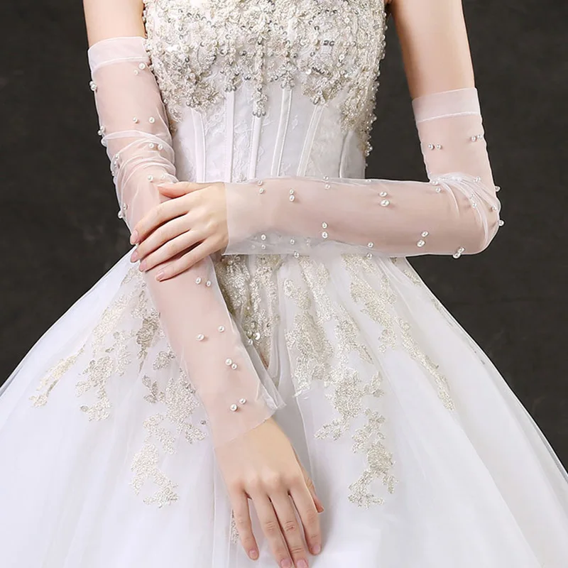 

Кружевные свадебные перчатки, новые перчатки для невесты, свадебные теневые белые рукава, перчатки с жемчугом, кружевные перчатки с полупал...