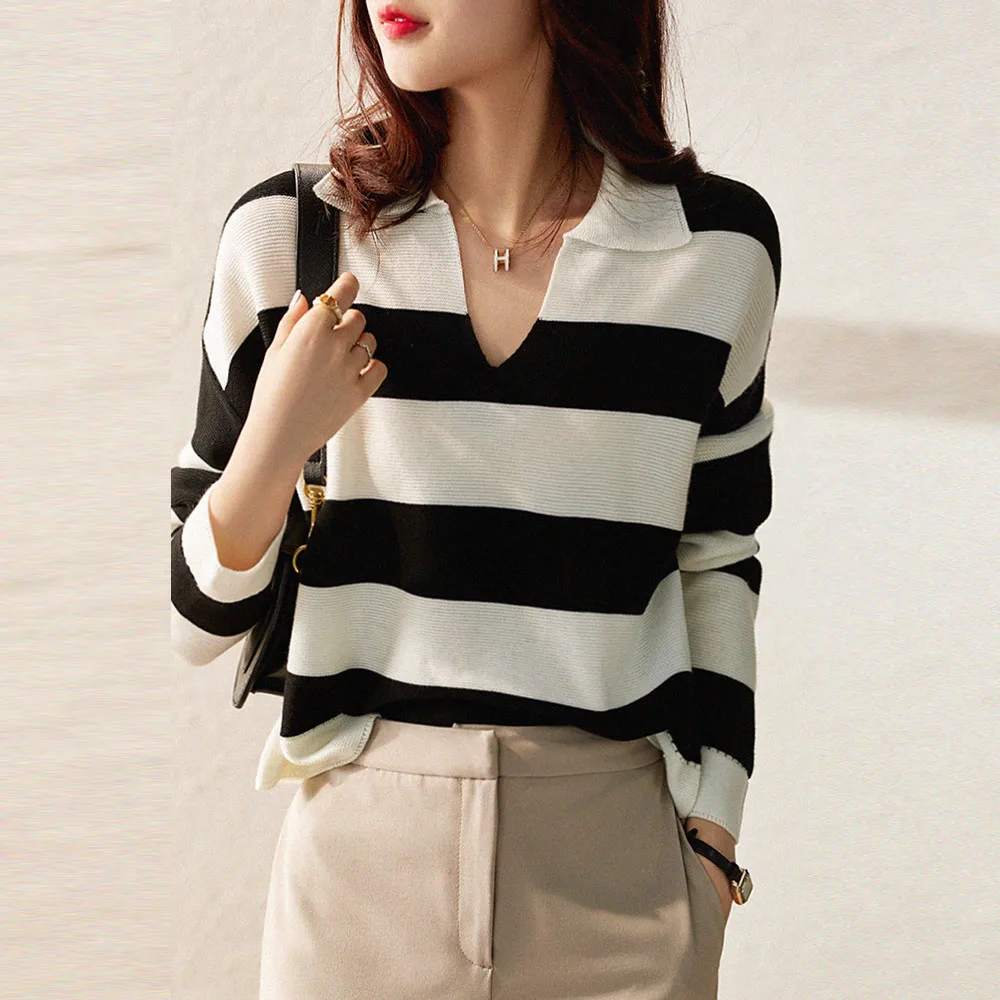 

Knit Sweater Women Autumn Striped Lapel Long-sleeved V-neck Slim Ladies Base Top Gentle Simple Style Korea Fashion Pullovers