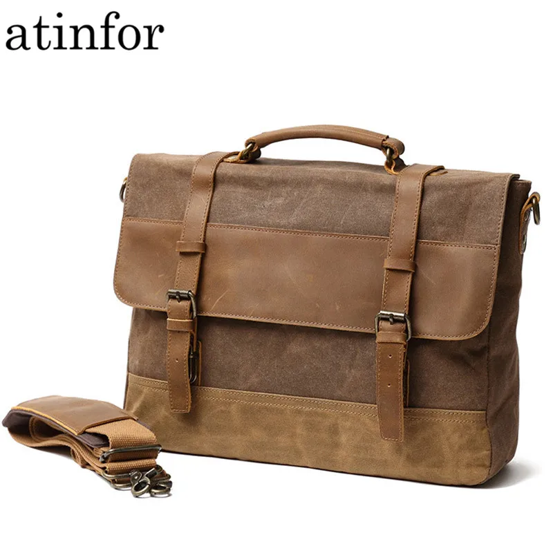 Винтажный Мужской портфель из натуральной вощеной кожи с холщовым покрытием