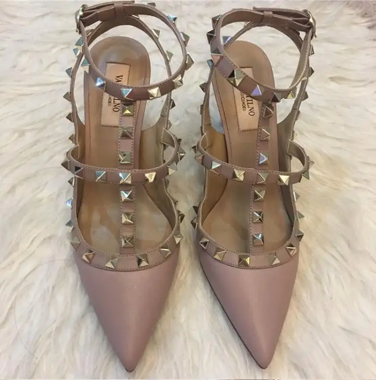 

Hot Sale-Designer Pointed Toe 2-Strap with Studs high heels Patent Leather rivets Sandals Women Shoes valentine high heel Shoes