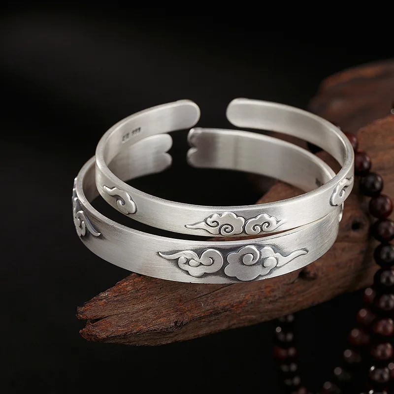 

★Однотонный серебряный браслет xiangyun для пар, открывающийся Винтажный Мужской Женский браслет из чистого серебра 999 пробы, браслет для пожилых людей