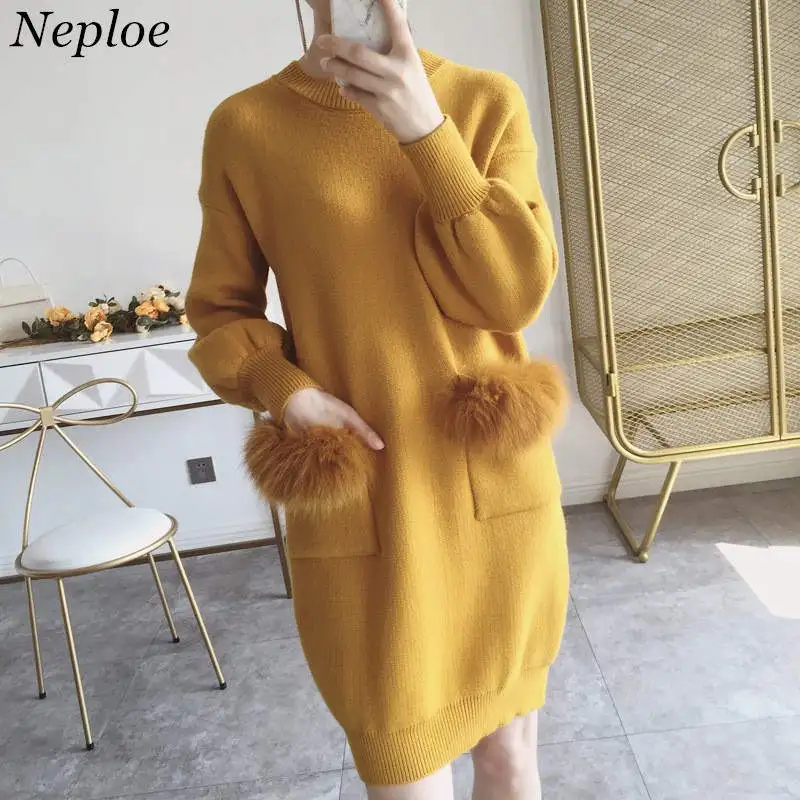 Neploe Pull Femme, осенне-зимний свитер с длинным рукавом, платье из искусственного меха с карманами, вязаный пуловер, повседневный джемпер с круглым вырезом, 36300
