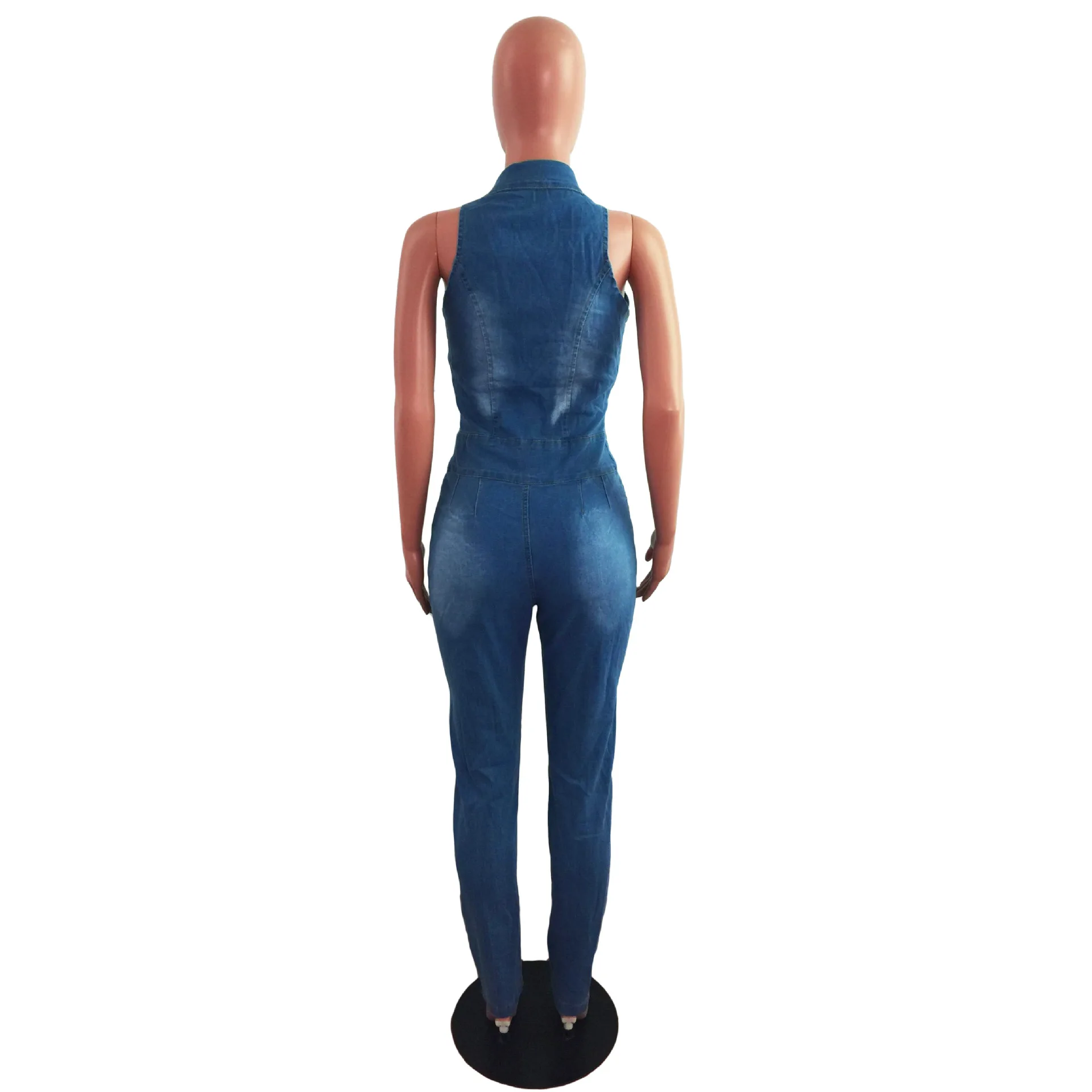 

Women Denim Jumpsuit Sleeveless Hollow Out Pocekets Ripped Stretchy Single Breasted Jumpsuits Fashion Outfit Summer