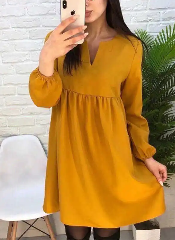 

Women Casual High Waist Mini Dress Long sleeve Sexy V-Neck Solid Color Party Lantern Sleeve Dress 2020 Autumn New Fashion Dress