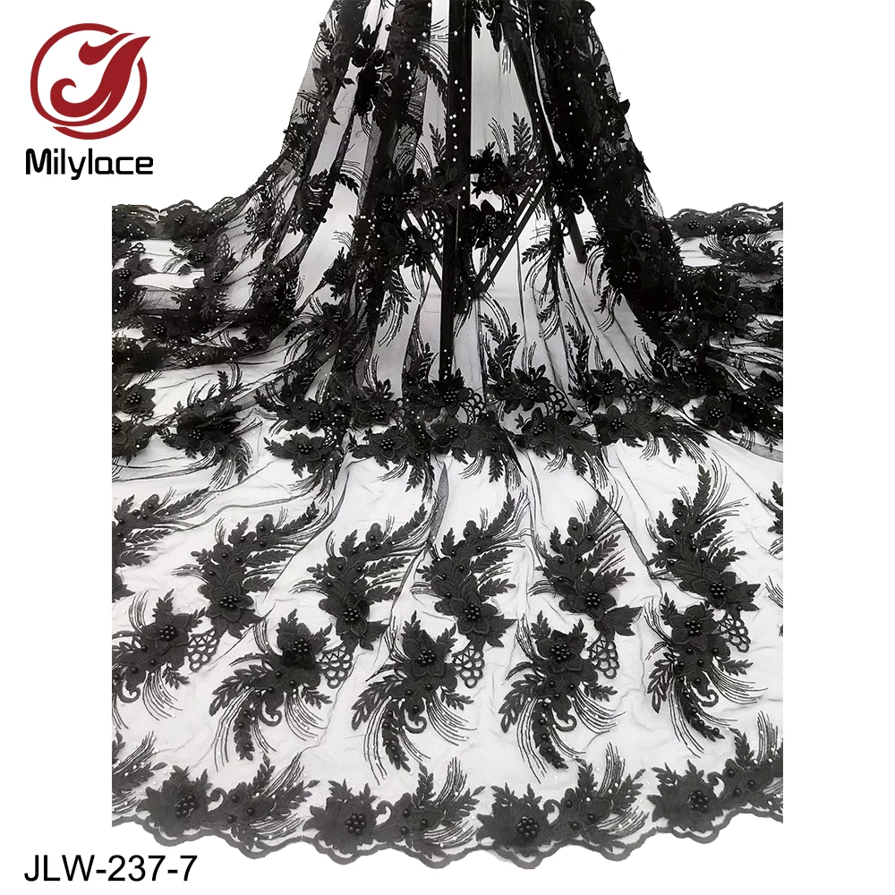 

Milylace fashion French lace fabric 5 yards beaded floral embroidery tulle lace fabric with stones for wedding dresses JLW-237