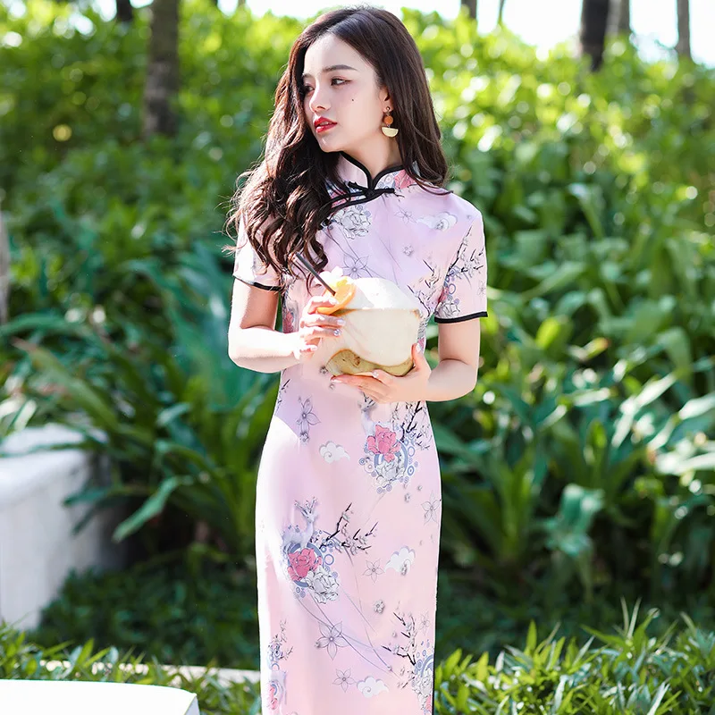 

Traditional Sexy Silk Satin Printed Slim Knee-Length Qipao Vintage Oriental Female Cheongsam Chinese Formal Dress