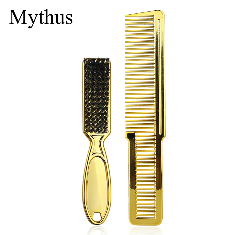 

Mythus 2pcs/Set Plating Gold Hair Clipper Cutting Comb And Brush Set Colorful Barber Comb Neck Duster Brush Set For Barbermen