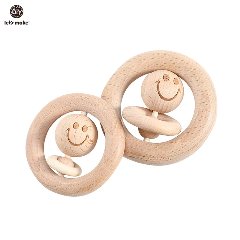 Let's Make Baby Wooden Rattle Bed Bell Wooden Ring 70mm/80mm Beech Wood Smiley Face 1PC Educational Toys Rattles For Newborns