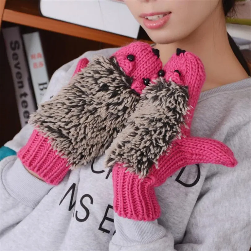 VISNXGI женские зимние перчатки из вязаной шерсти милые теплые Мультяшные ежики