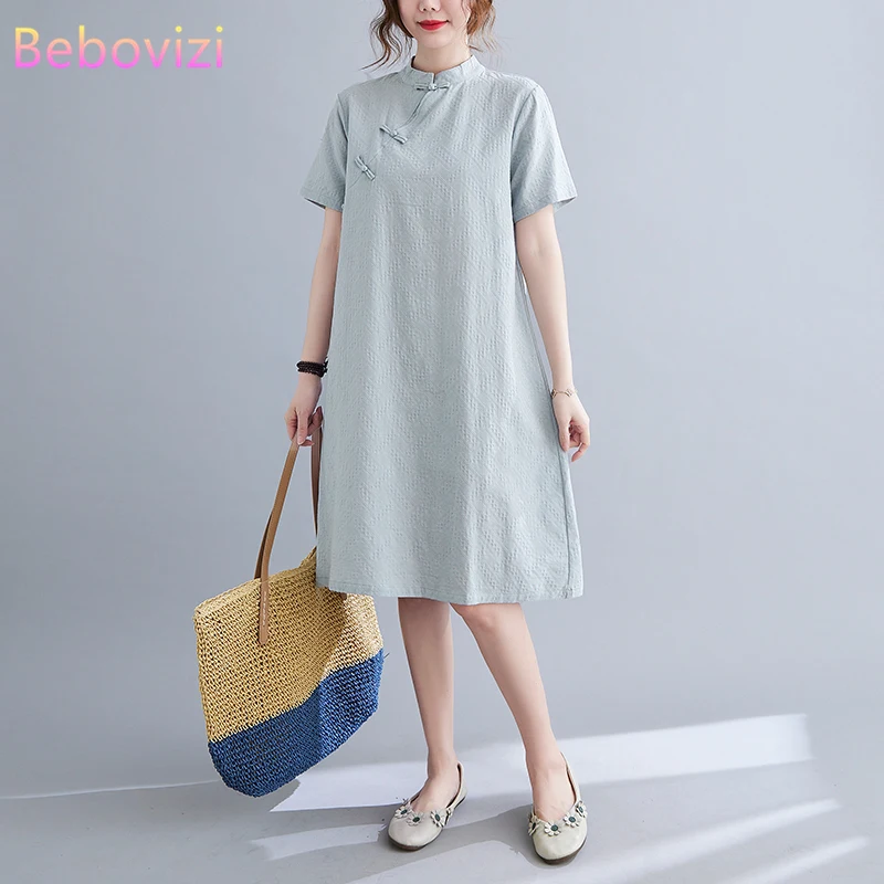 Cotton Linen Yellow Pink White Blue Loose Modern Cheongsam Oriental Dress Women Short Sleeve Qipao Traditional Chinese Clothes |