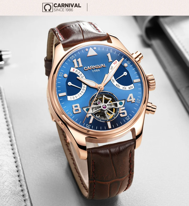 Tourbillon, мужские часы, розовое золото, чехол, синий циферблат, карнавал, автоматические часы, мужские, люксовый бренд, механические часы, Мода
