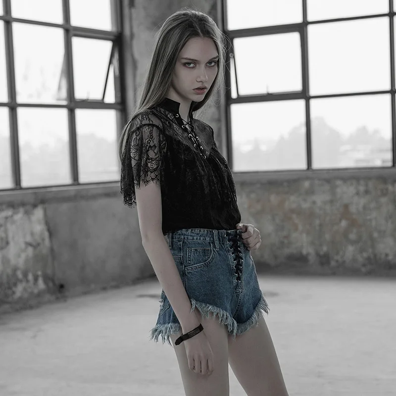 Женская черная рубашка в стиле панк готическая Черная ажурная кружевная