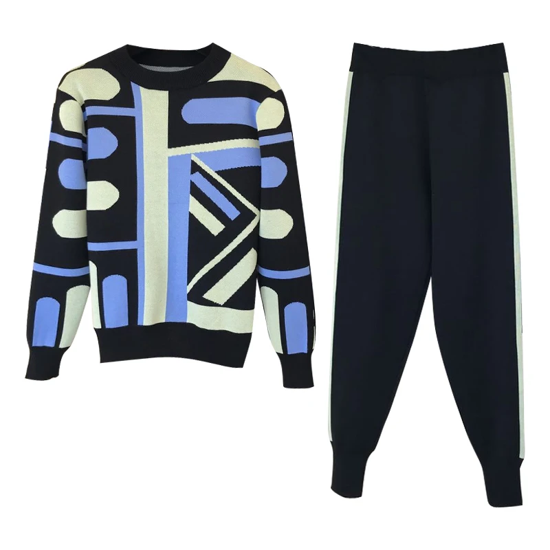 

ALPHALMODA 2020 Autumn New Stylish Geometric Pattern Knitted Pullover Jumper + Leggings Women Fashion 2pcs Suit Casual Sets