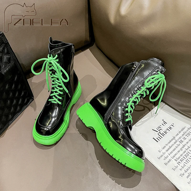 

Флуоресцентные зеленые Кожаные полуботинки мартинсы, женские короткие туфли в британском стиле, 2021, ботинки на шнуровке, женские ботинки