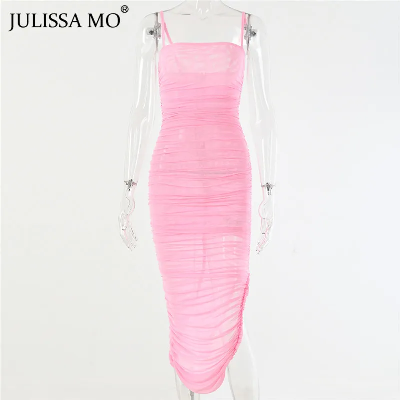 Розовый JULISSA MO 2 слоя сетки белое летнее платье для женщин Спагетти ремни Bodycon Ruched платье без рукавов сексуальные вечерние домашние женские платья XS - Цвет: Розовый