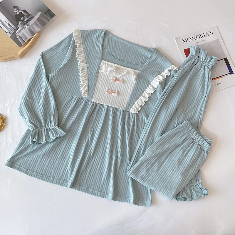 

Women's Cotton Pajamas Spring and Autumn Sweet Blue Lace Long-Sleeved Suit Korean Thin Student Homewear Can Be Worn outside
