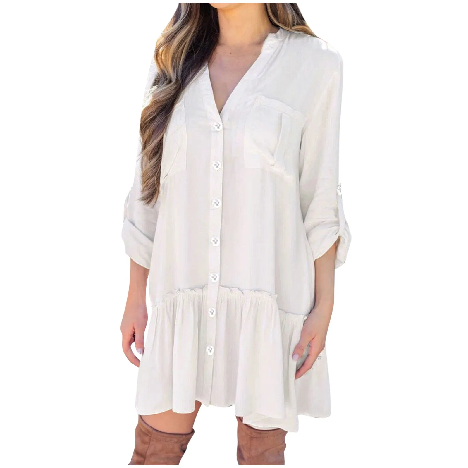 

Ladies fashion ruffled cotton and linen blouse dress Fashion Womens Solid Color V-Neck Ruffles Long Sleeve Comfy Casual Dress