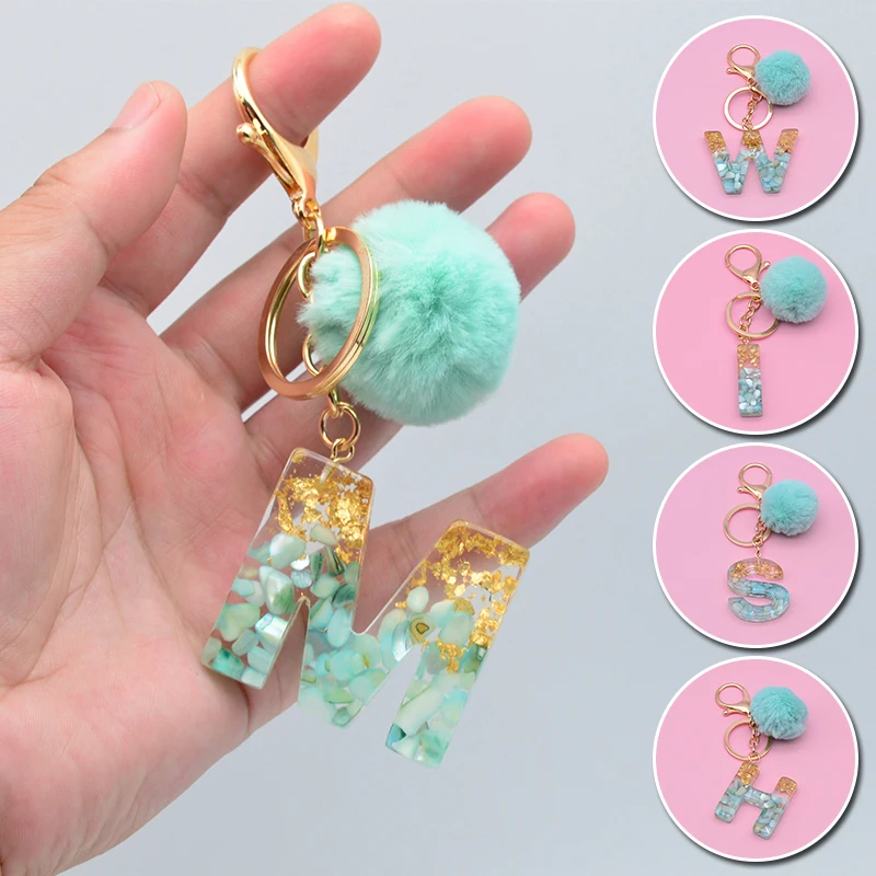 

Letters Keychains Rabbit Fur Ball Fluffy Pompom Faux Glitter Key Rings Key Holder Trendy Jewelry Bag Accessories Gifts Green