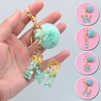 letters keychains rabbit fur ball fluffy pompom faux glitter key rings key holder trendy jewelry bag accessories gifts green