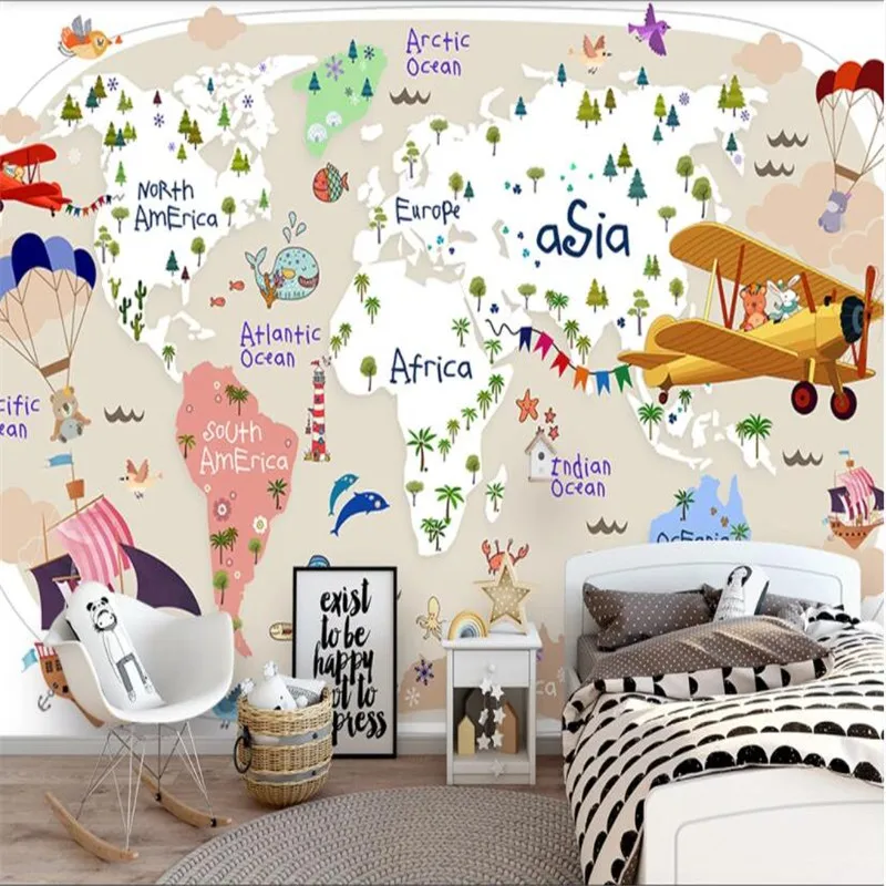 Скандинавская детская комната росписи 3D мультфильм животное самолет карта мира