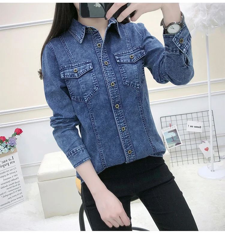 Новинка, весна-осень, Женская хлопковая блуза с карманами и пуговицами, с отложным воротником, с длинным рукавом, синяя джинсовая рубашка, повседневные топы