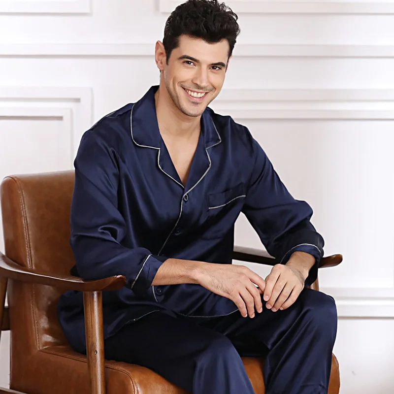 M8808 New Fashion Men's Spring and Summer 100% Silk Long Sleeve Two-piece Home Clothes PAJAMA Suit
